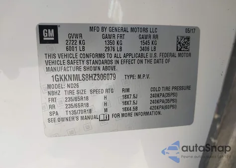 2017 GMC Acadia Slt-1 из США, поврежденный, VIN 1GKKNMLS8HZ306079